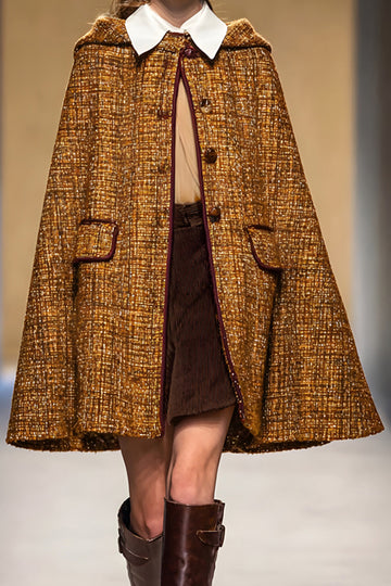 Brown A-Line Tweed Women Cape Coat